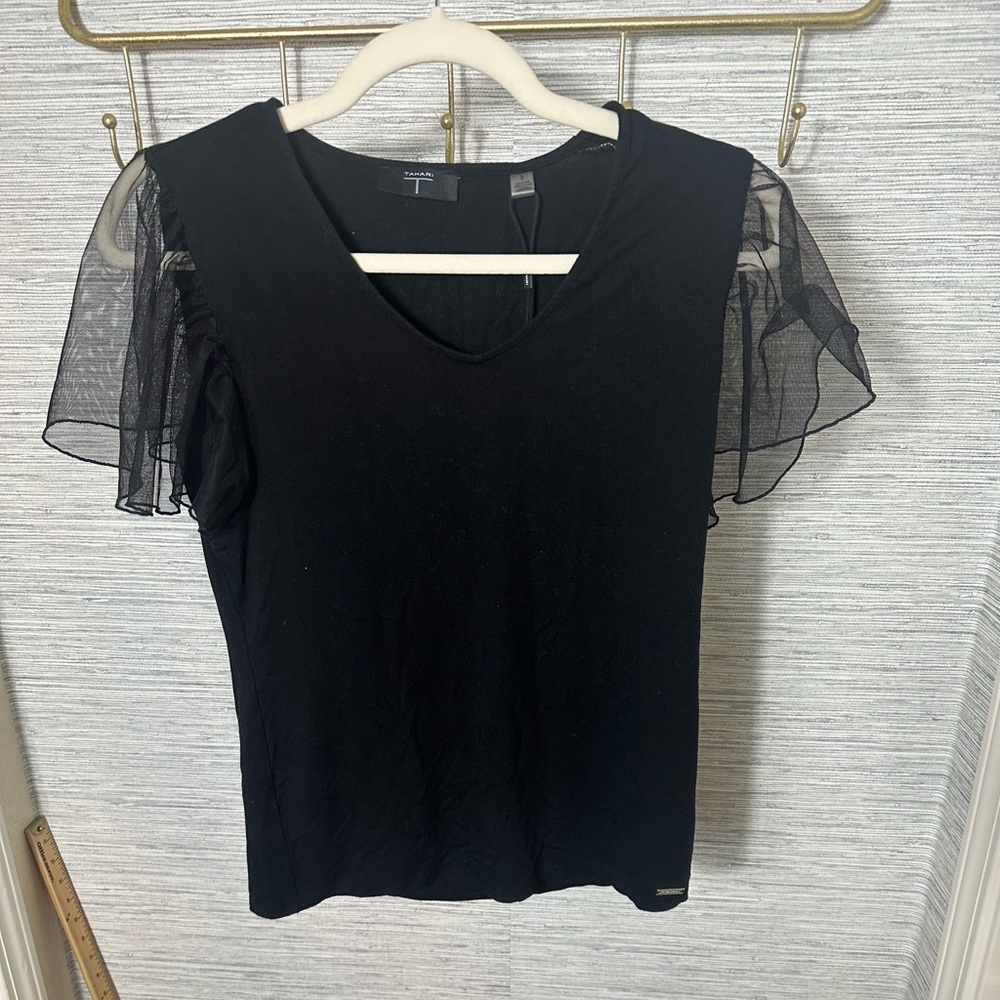 Tahari black v-neck Tee with tulle sleeves
